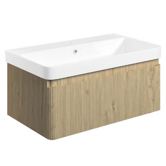 kuba 800mm wall hung basin unit basin textured oak, Alessio, Wall Hung Vanity Unit, 1