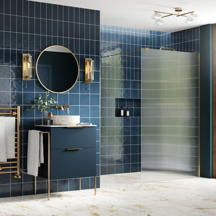 Rosa 800mm Fluted Wetroom Shower Panel & Support Bar - Brushed Brass