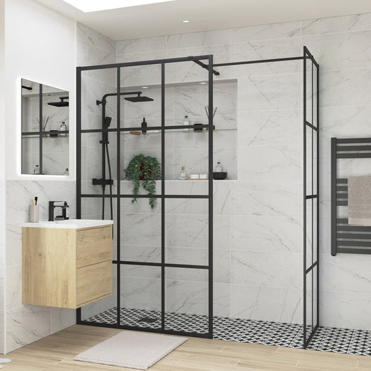 1200mm Black Framed Grid Wetroom Panel & 800mm Side Panel