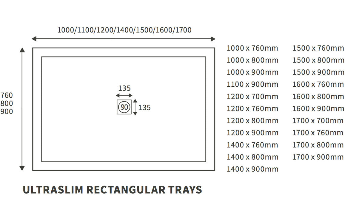 25mm Ultra-Slim 1700mm x 800mm Rectangular Tray & Waste