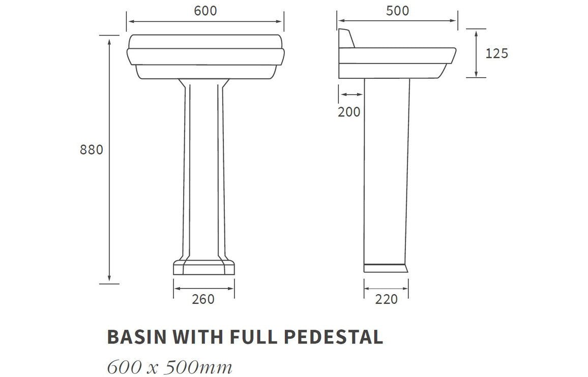 Florence Basin & Full Pedestal 600x500mm 1TH - bathandtile