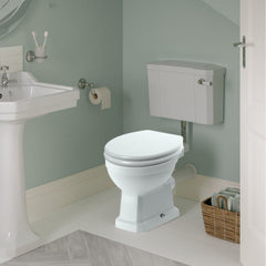 Florence Low Level WC & Lucia White Wood Effect Toilet Seat