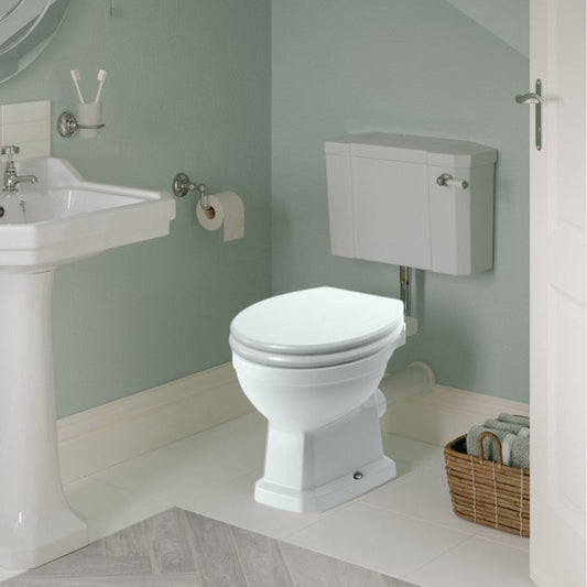 Florence Low Level WC & Lucia White Wood Effect Toilet Seat - bathandtile