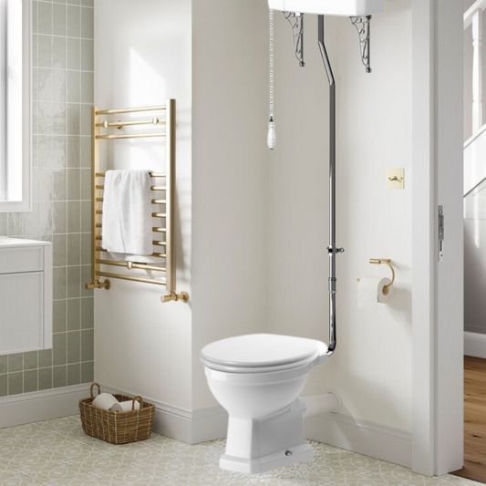 Florence High Level WC & Satin White Wood Effect Toilet Seat