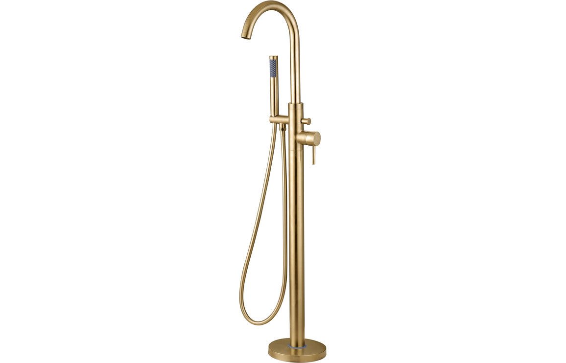 Montel Brushed Brass Freestanding Bath Filler Tap with Shower Mixer - bathandtile