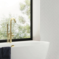 Montel Brushed Brass Freestanding Bath Filler Tap with Shower Mixer