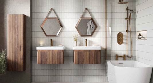 Fluted oak bathroom furniture, with brushed bronze bathroom taps and accessories