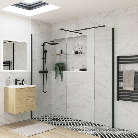 rosa 900mm black profile wetroom panel 500mm side panel, Alessio, black, Shower Enclosures, Walk In Shower Enclosures, 1