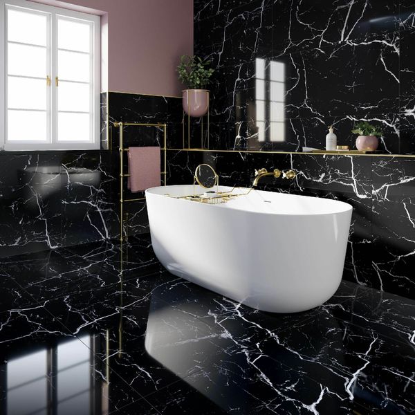 Genova Black Polished Marble Effect Tiles 1200x600mm