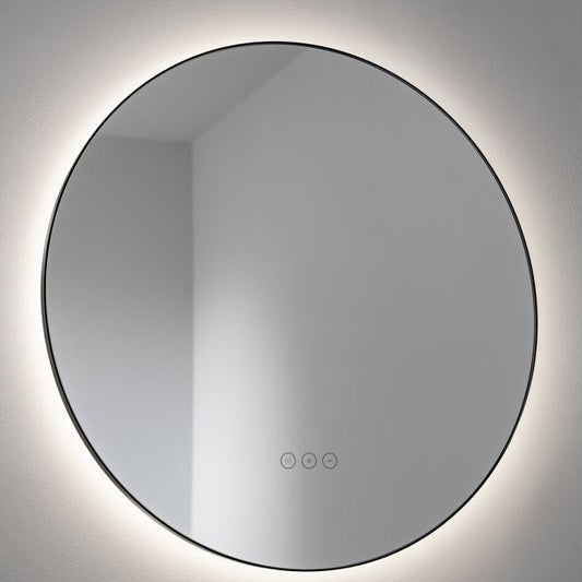 Round illuminated wall mirror on a plain background