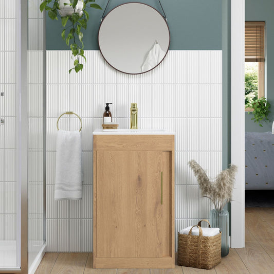 aida 500mm floor standing vanity unit seville oak brushed brass handle, Alessio, Sink Vanity Unit, Basin Unit, 1