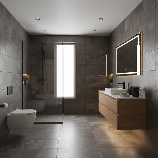 Modern bathroom interior with dark gray stone-look tiles, a floating wood vanity with a white basin, a wall-mounted toilet, a glass shower enclosure, and a large backlit mirror.