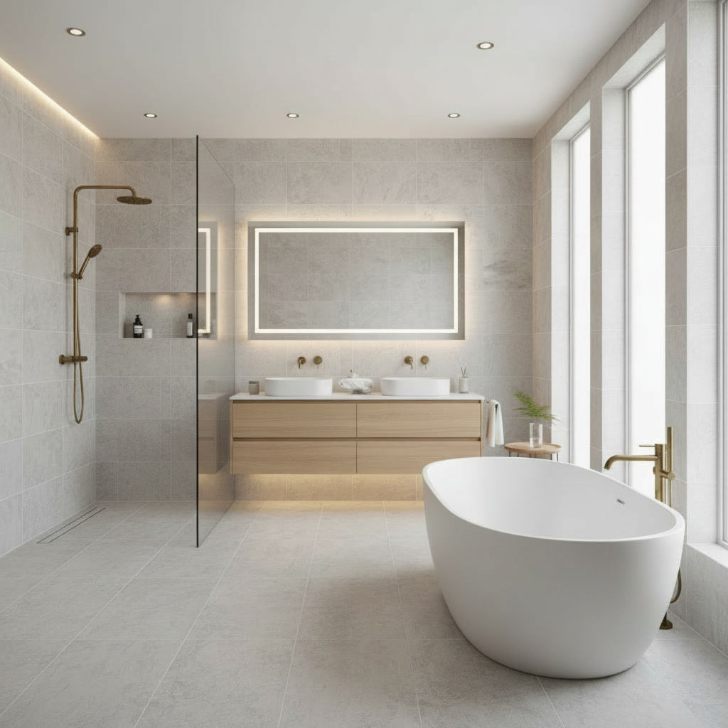 A modern bathroom interior with a freestanding white bathtub in the foreground, a double vanity with a backlit rectangular mirror, a glass shower enclosure, and large windows with gold-toned fixtures.