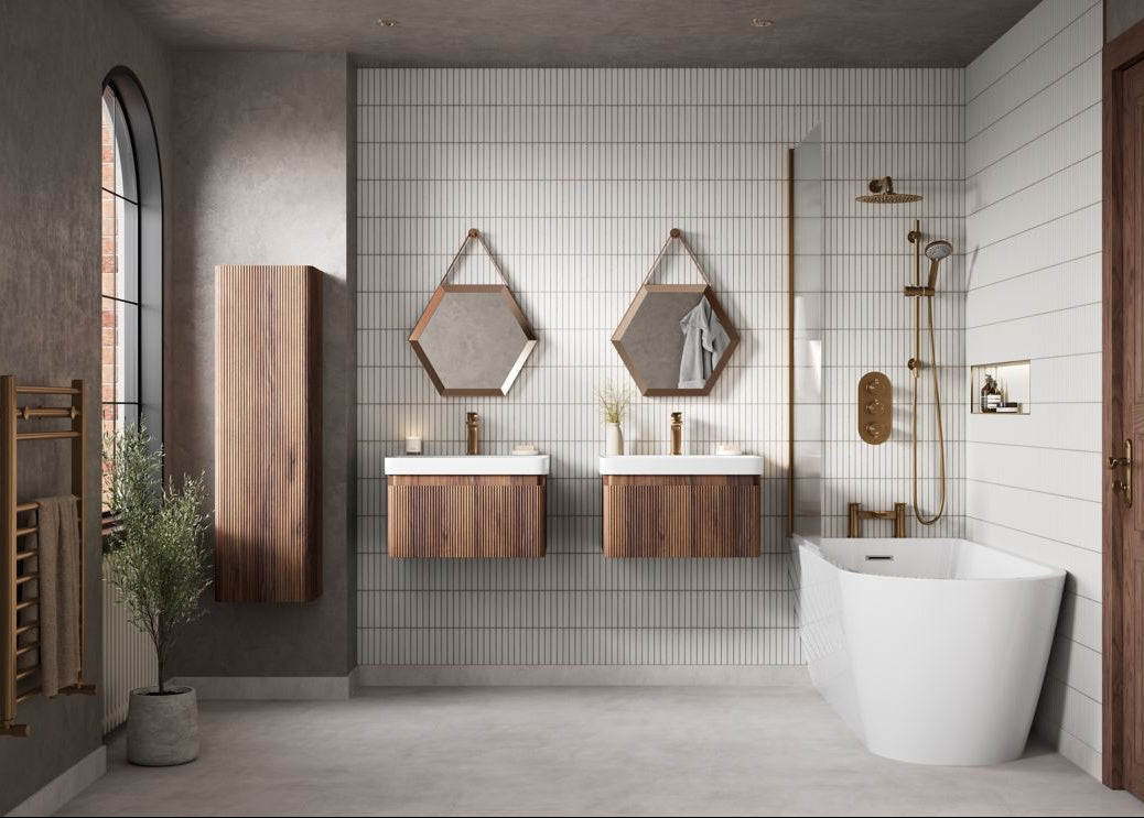 Modern bathroom with wooden vanity, hexagonal mirrors, and a freestanding bathtub.