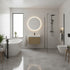 Modern bathroom with freestanding bathtub, wall hung oak fluted basin unit and sink, and shower area.
