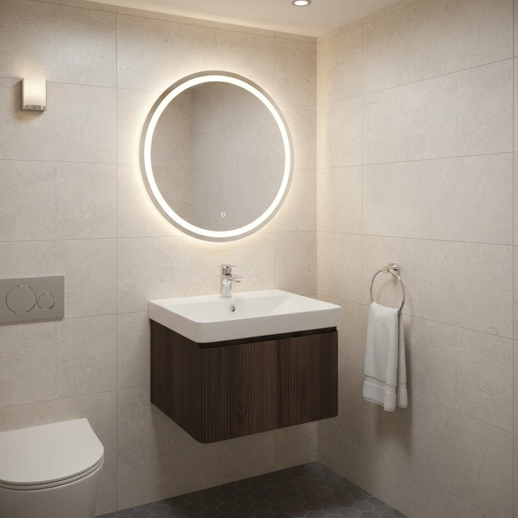 Modern bathroom with a round illuminated mirror, sink, and towel.