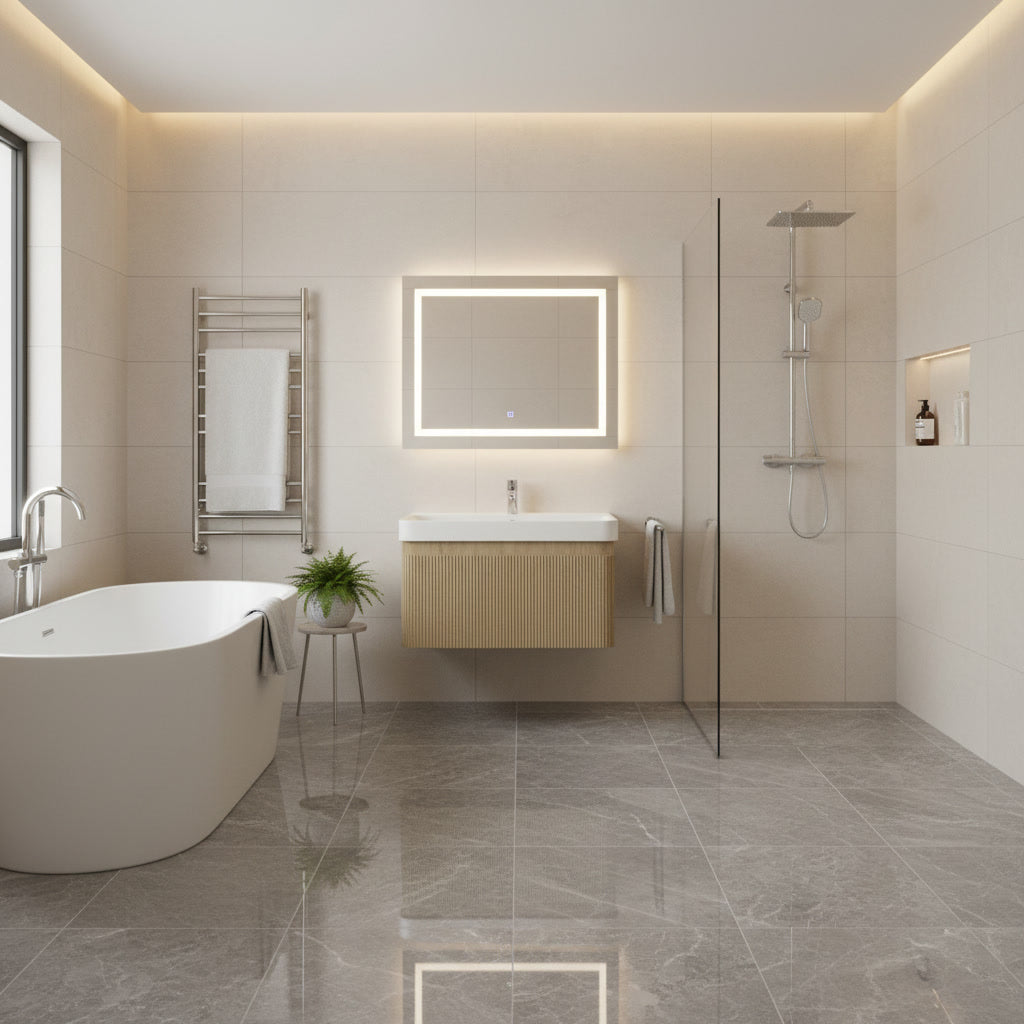 Modern bathroom with freestanding bathtub, shower area, and wall hung oak fluted vanity unit.