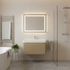 Modern bathroom with a fluted wooden oak wall hung vanity unit, illuminated mirror, and shower area.