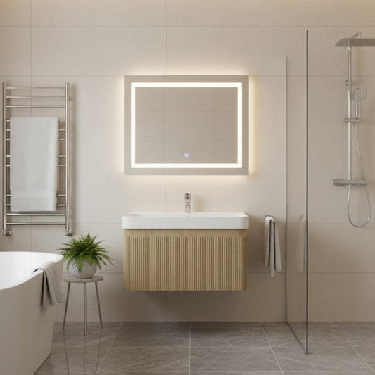 Modern bathroom with a fluted wooden oak wall hung vanity unit, illuminated mirror, and shower area.