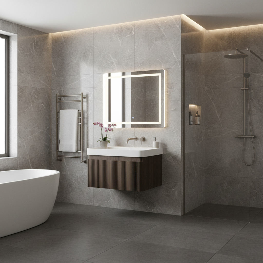 Modern bathroom with gray tiles, a freestanding bathtub, and a vanity with a mirror.