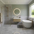 Modern bathroom with freestanding bathtub, shower, and oak fluted vanity unit wall hung sink area.
