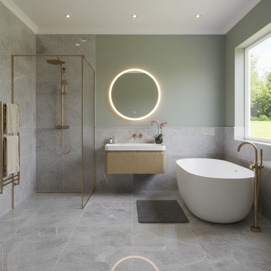 Modern bathroom with freestanding bathtub, shower, and oak fluted vanity unit wall hung sink area.