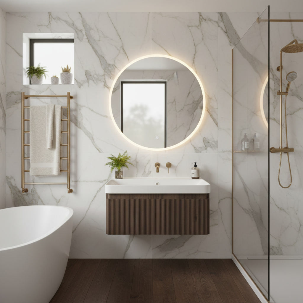 Modern bathroom with marble walls, a freestanding bathtub, and a walnut fluted vanity with a round mirror.