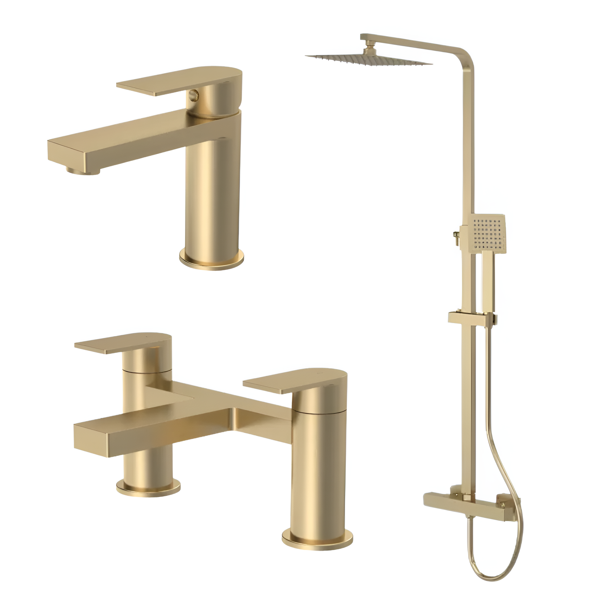 Canada Brushed Brass Basin Tap, Bath Tap & Shower with Riser and Fixed Head Pack