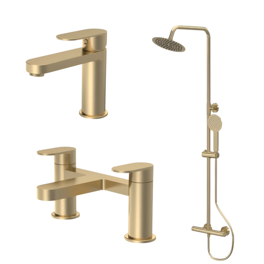Halstatt Brushed Brass Basin Tap, Bath Tap & Shower with Riser and Fixed Head Pack