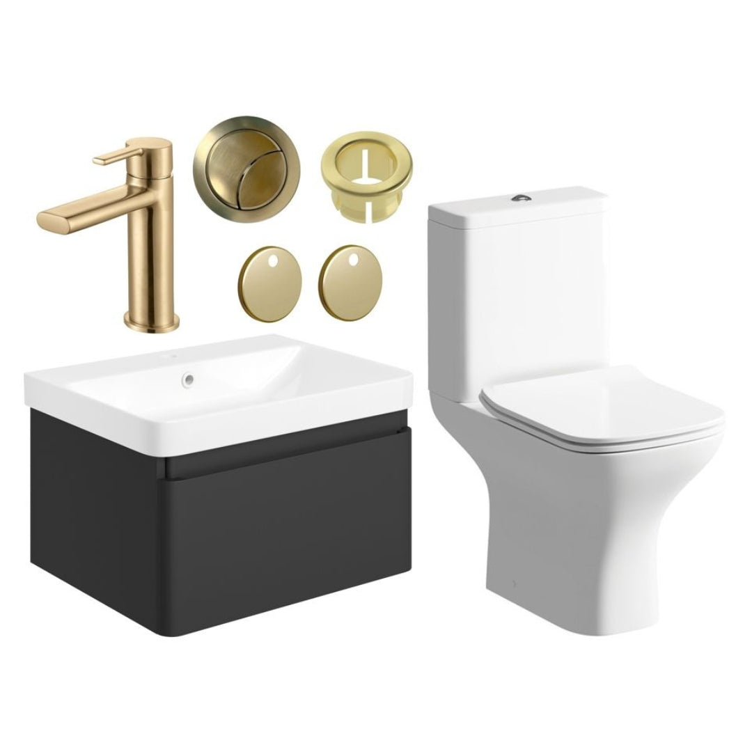 Calpe 600mm Basin Unit & Close Coupled WC Pack - Matt Black Brushed Brass Finishes
