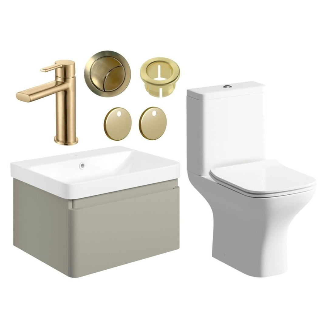 Calpe 600mm Basin Unit & Close Coupled WC Pack - Matt Latte Brushed Brass Finishes
