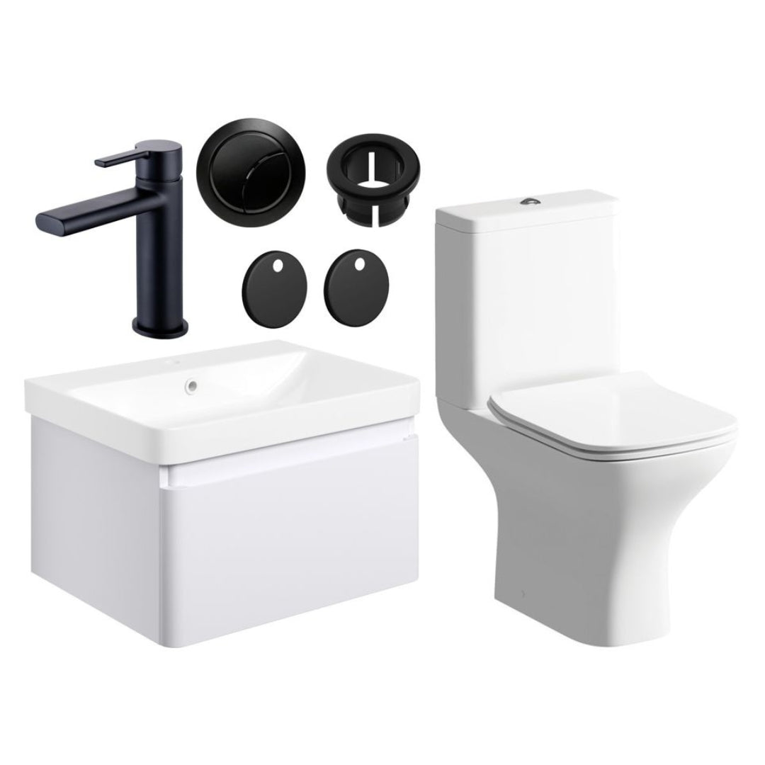 Calpe 600mm Basin Unit & Close Coupled WC Pack - Matt White Black Finishes