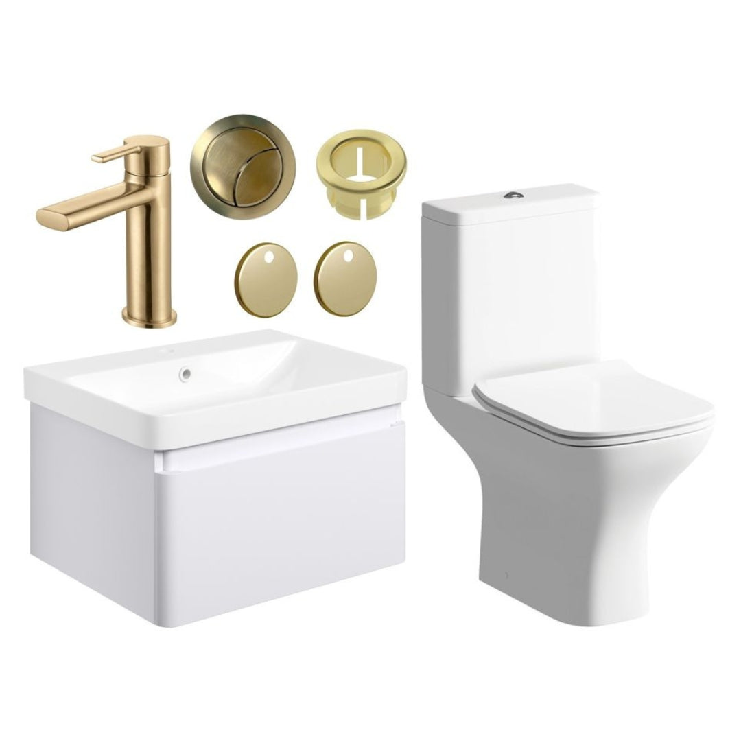 Calpe 600mm Basin Unit & Close Coupled WC Pack - Matt White Brushed Brass Finishes