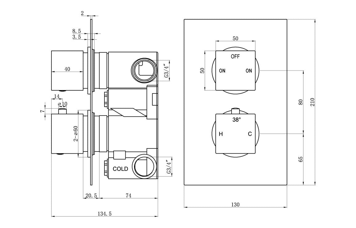 Square Two Outlet Shower Valve with Riser & Overhead Kit - Brushed Brass