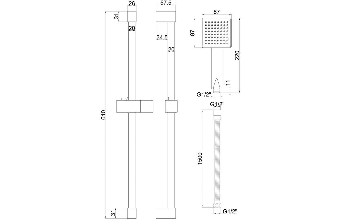 Square Two Outlet Shower Valve with Riser & Overhead Kit - Brushed Brass