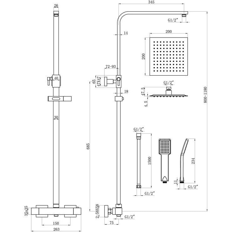 Square Thermostatic Bar Mixer w/Riser Kit - Brushed Brass