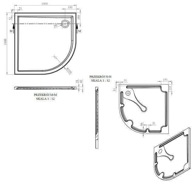 40mm Deluxe 1000x1000mm Quadrant Shower Tray & Waste