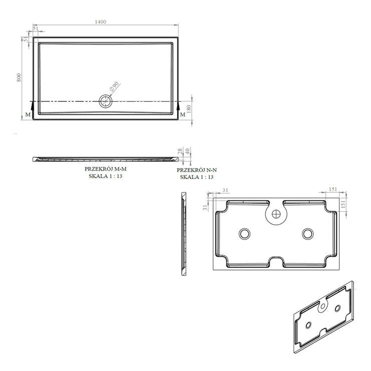 40mm Deluxe 1400x800mm Rectangular Shower Tray & Waste