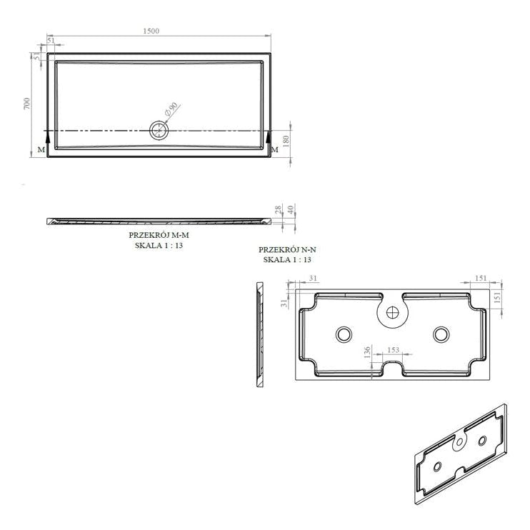 40mm Deluxe 1500x700mm Rectangular Shower Tray & Waste