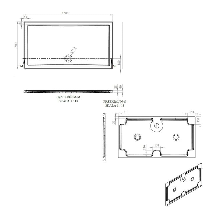 40mm Deluxe 1500x800mm Rectangular Shower Tray & Waste
