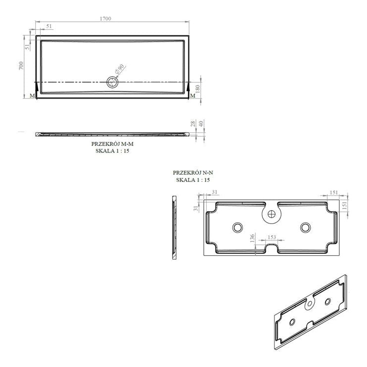 40mm Deluxe 1700x700mm Rectangular Shower Tray & Waste