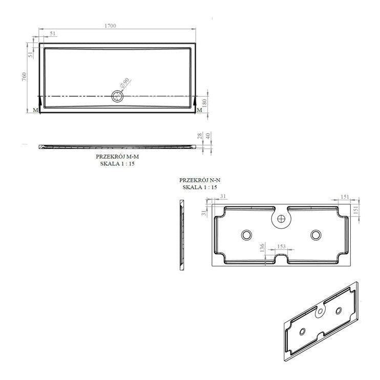 40mm Deluxe 1700x760mm Rectangular Shower Tray & Waste