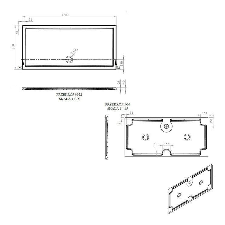 40mm Deluxe 1700x800mm Rectangular Shower Tray & Waste