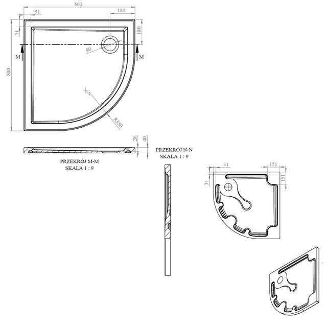 40mm Deluxe 800x800mm Quadrant Shower Tray & Waste