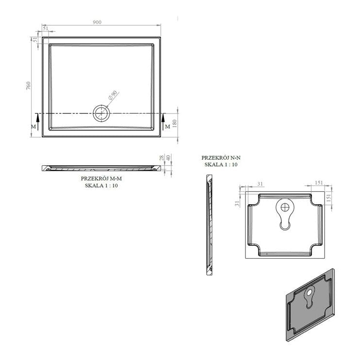 40mm Deluxe 900x760mm Rectangular Shower Tray & Waste