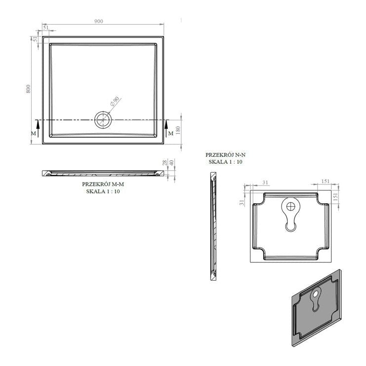 40mm Deluxe 900x800mm Rectangular Shower Tray & Waste