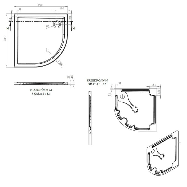 40mm Deluxe 900x900mm Quadrant Shower Tray & Waste