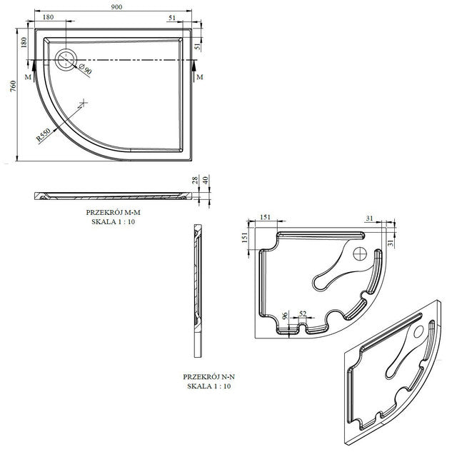 40mm Deluxe 900x760mm Offset Quadrant Shower Tray & Waste - Left Hand