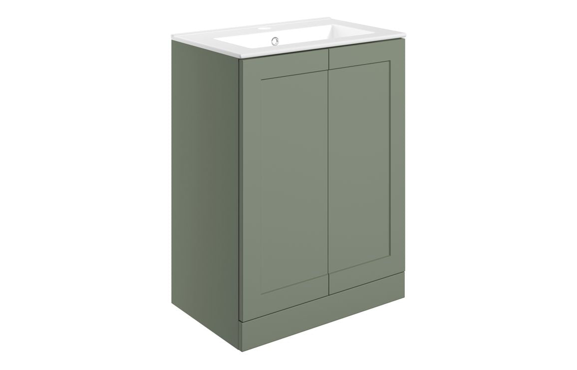 London 615mm Floor Standing Basin Unit & Basin - Matt Reed Green with Gold Handles