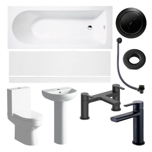 A bathroom suite consisting of a bathtub, toilet, and sink with black finishes.